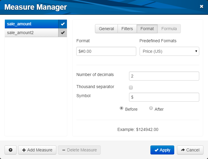 Format tab of the measure manager